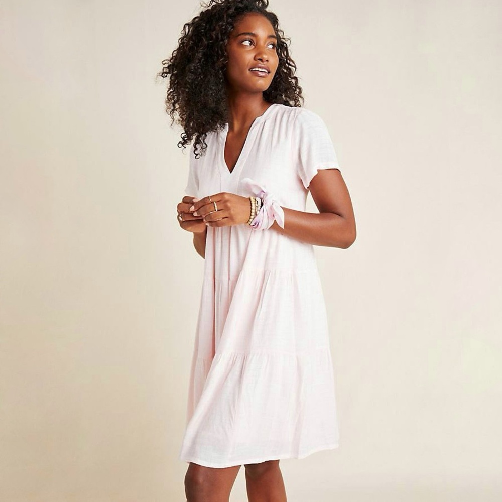 Anthropologie | Maeve | Tania Tiered Tunic Mini Dress Light Pink Size M Petite
